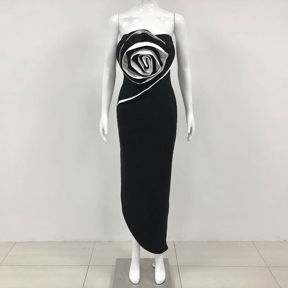 Vestido longo preto feminino, sexy, tomara que caia, com estampa floral grande, colado ao corpo, para comemoração de aniversário, festa de formatura