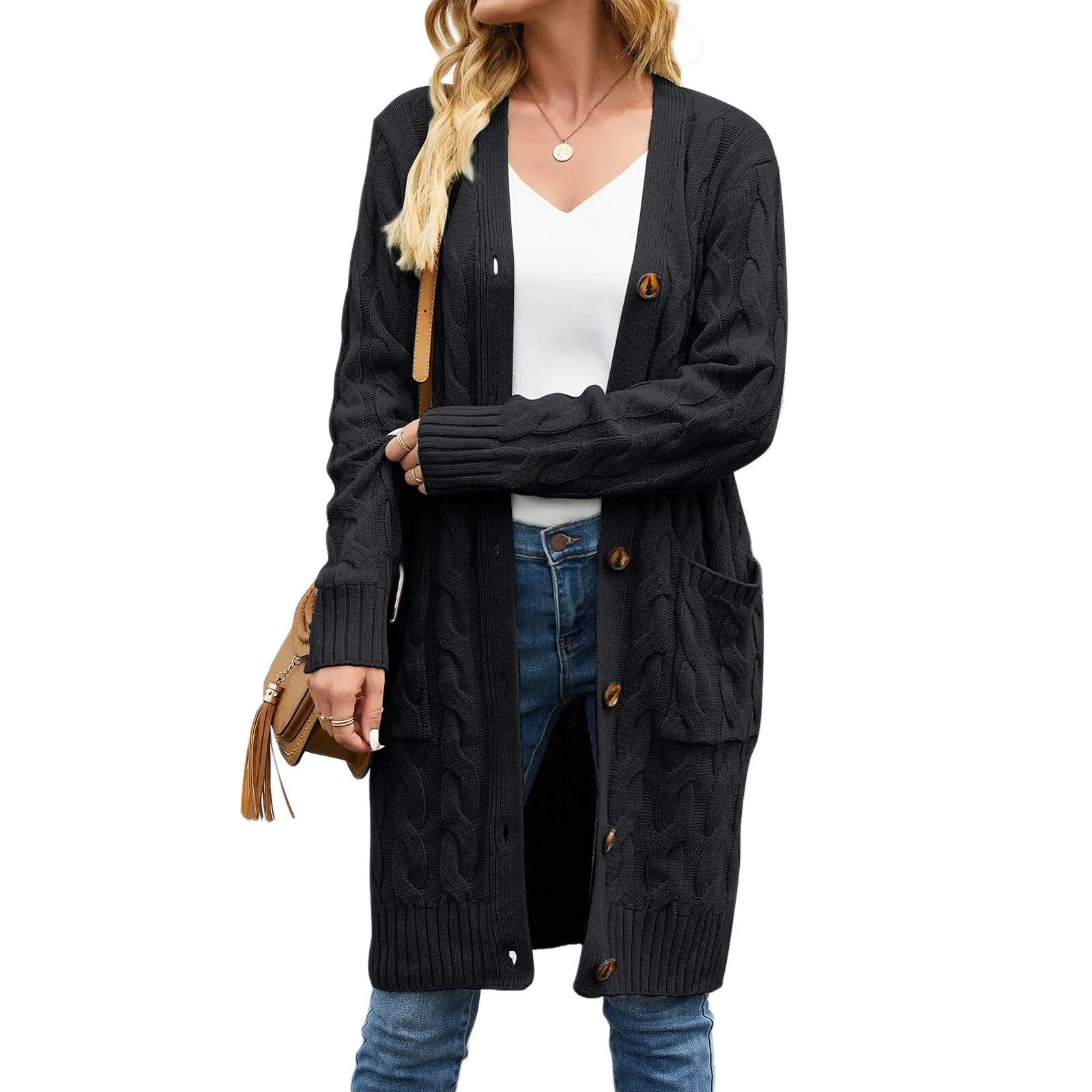 Female Cardigan Solid Color Long Sleeve Sweater Knitted Coat with Pockets for Spring Fall S M L black
