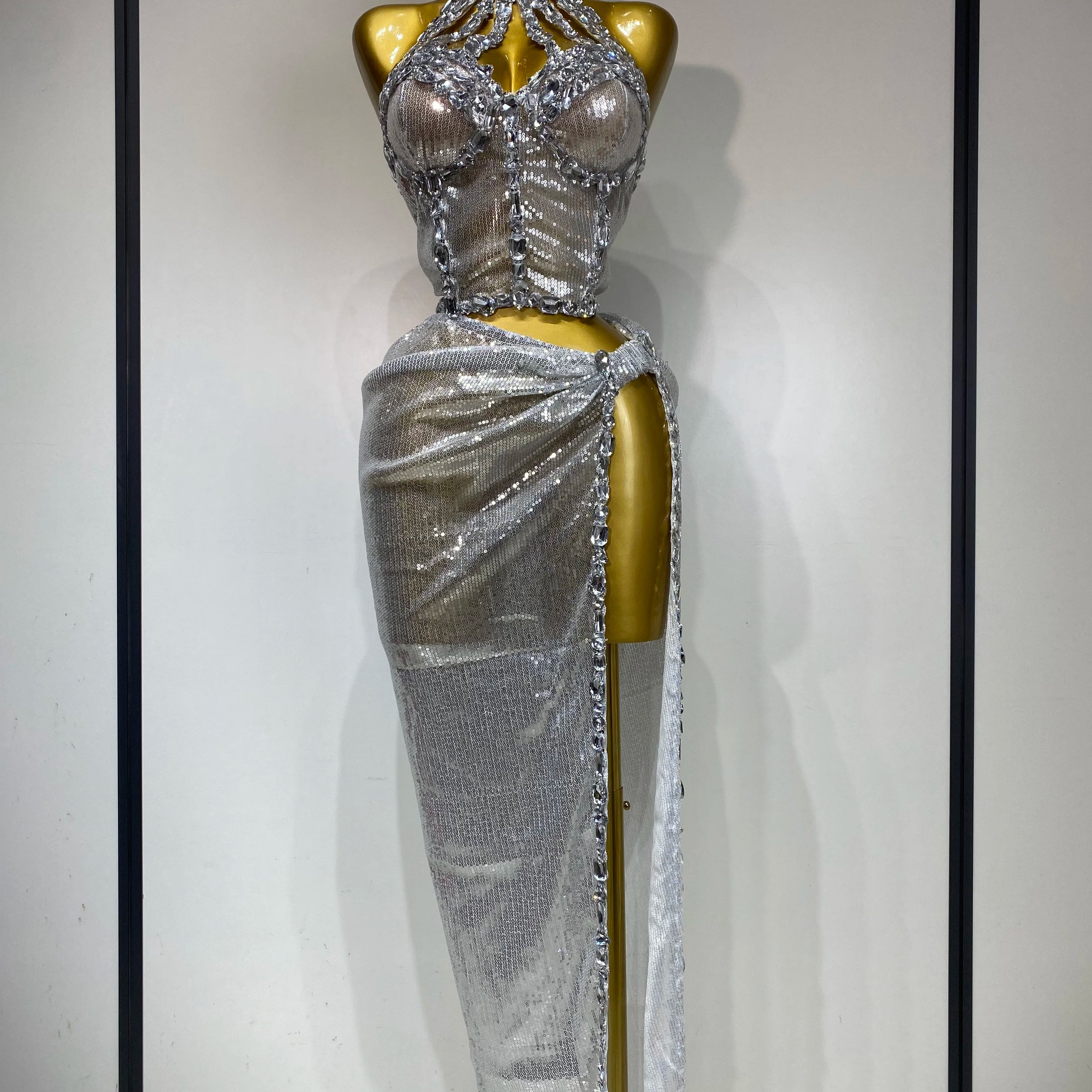 Women Sparkly 2025 Silver Rhinestones Top Long Skirt Two Pieces Set Singer Dancer Performance Costume Nightclub Stage Wear