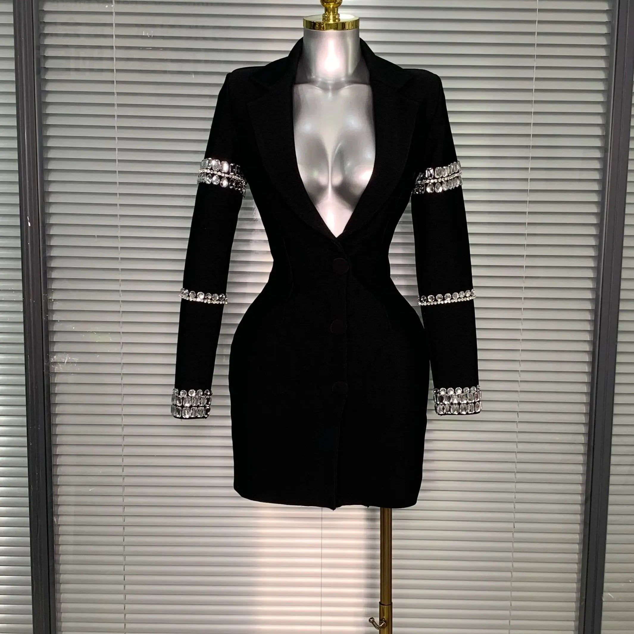 Brand New 2025 Women Sexy Deep V Neck Long Sleeve Beaded Blazer Bandage Dress Elegant Evening High Street Party Dress