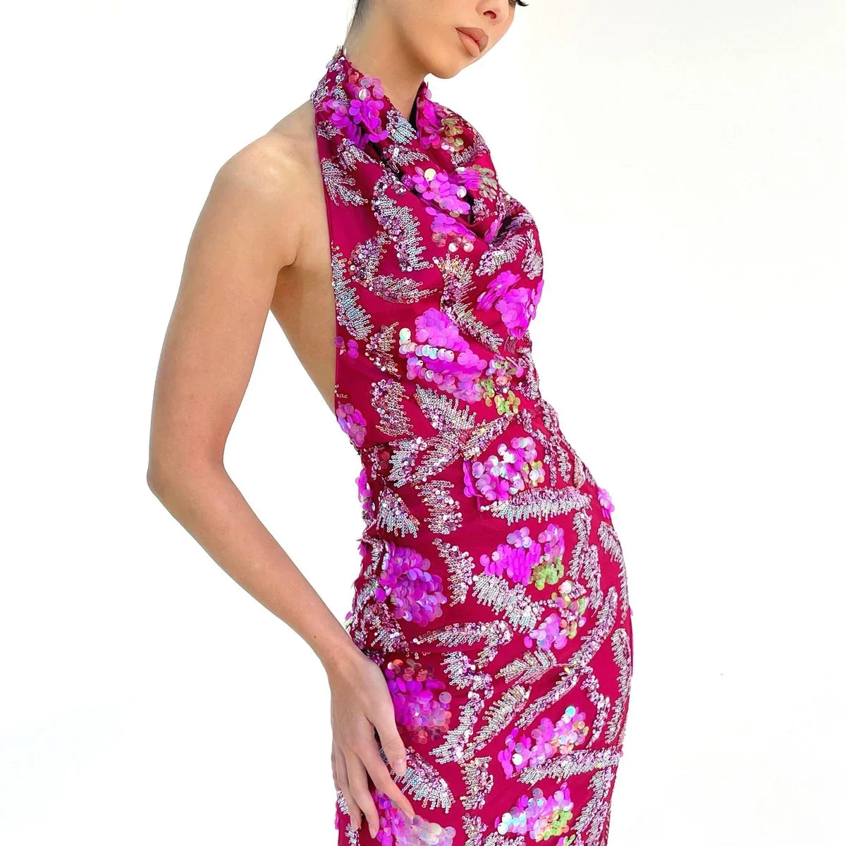 Rosered Women Sexy Halter Backless Sequins Embroidery Bodycon Long Dress Evening Party Fashion Birthday Outfit