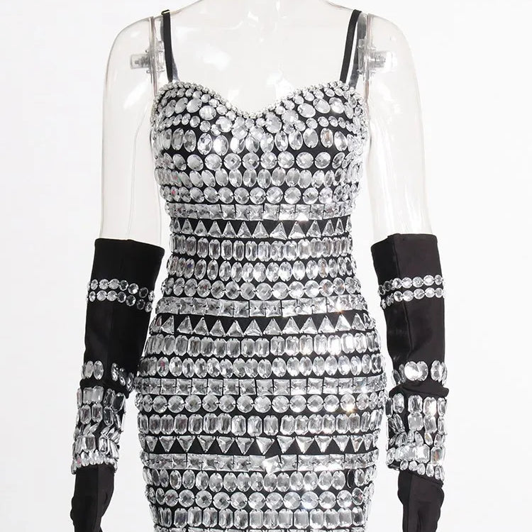 TWOTWINSTYLE Detachable Gloves Dress Square Collar Sleeveless High Waist Slimming Patchwork Diamond Mini Dress Female Fashion