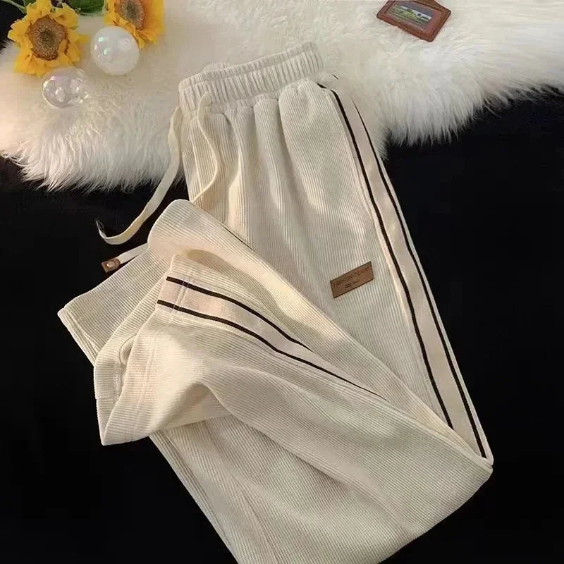 Corduroy Striped Sweatpants Women Streetwear Thick Wide Leg Pants Y2K Harajuku High Waist Joggers Korean Baggy Trousers Apricot