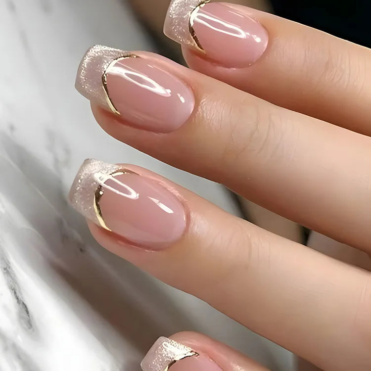 24Pcs Short False Nails with Shimmery Powder Ballet Nail Art Full Cover French Sheer Wearable Nail Manicure Tips for Girls Daily