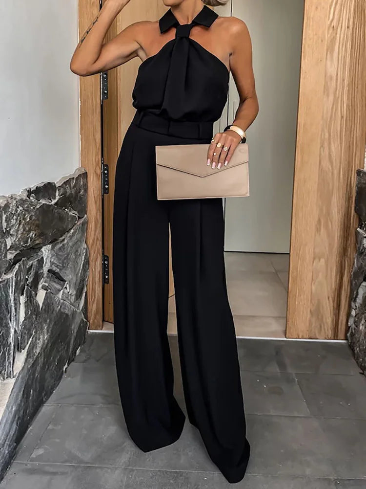 Wide Leg Pants Loungewear Bodysuits, Women Spring Summer Pocket Sleeveless Jumpsuits, Turn-Down Collar Simple Ladies Playsuits
