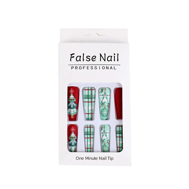 3D fake nails for Christmas party long french coffin tips snowflake christmas tree faux ongles press on acrylic false nail set 821 with box
