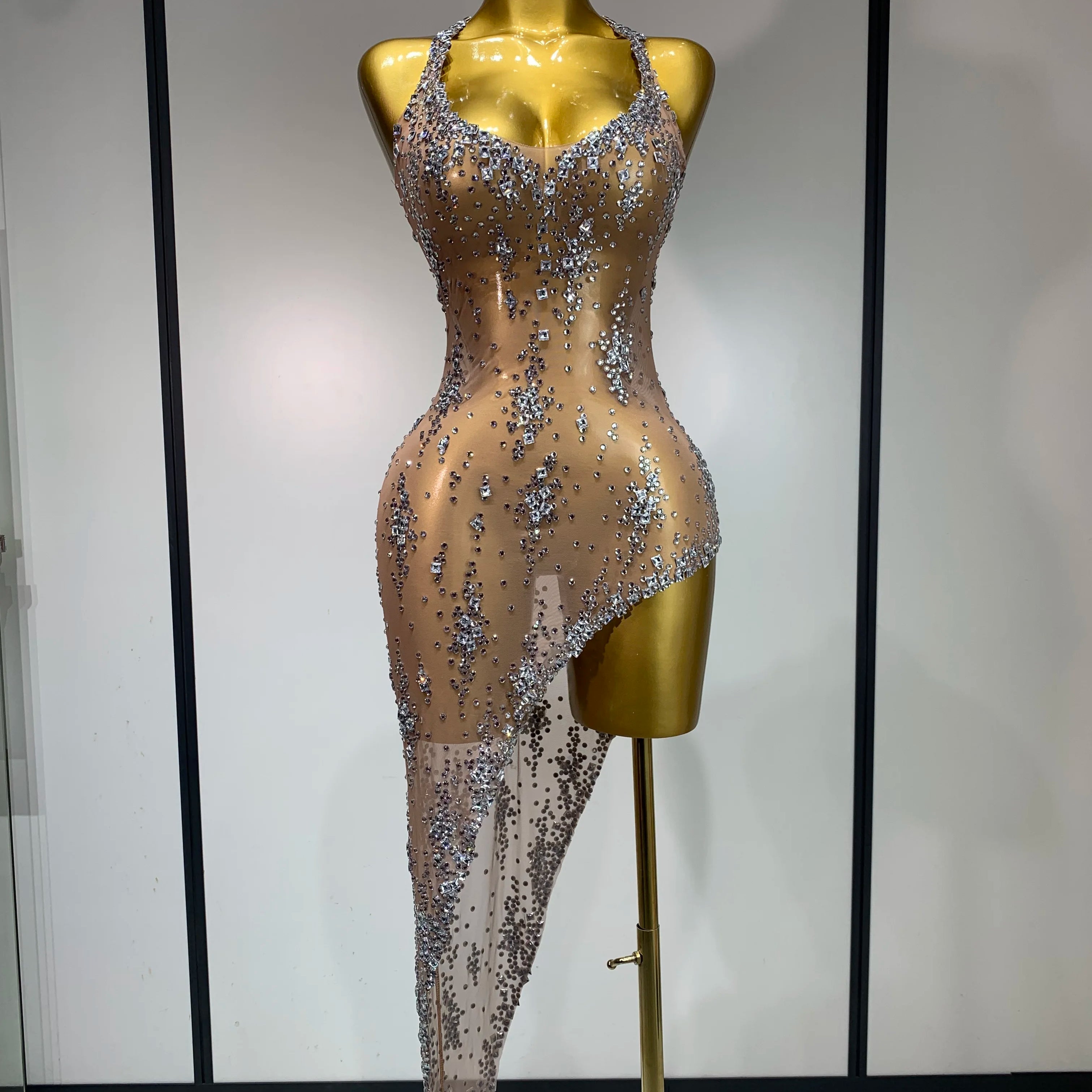 Women Sexy Luxury Birthday Prom Gowns Sparkly Diamond See Through Mesh Stretch Asymmetrical Dress Celebrity Elegant Stage Outfit