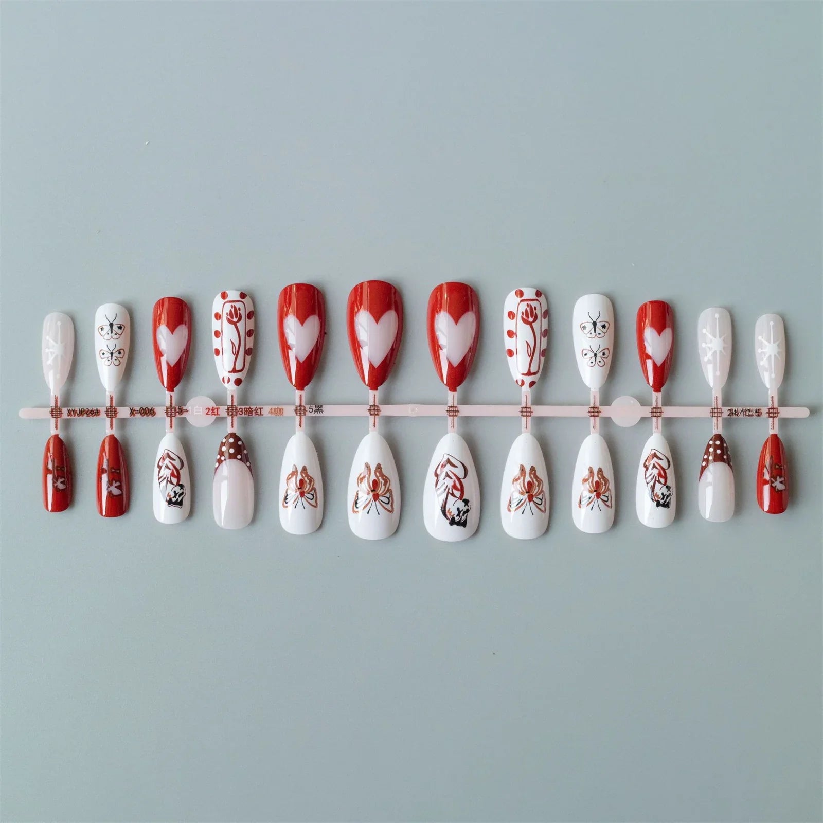 Retro Short Almond Fake Nails 24Pcs Red/White Press On Nails Love Heart/Flower/Butterfly Printed Women Valentine's Day Nails Art