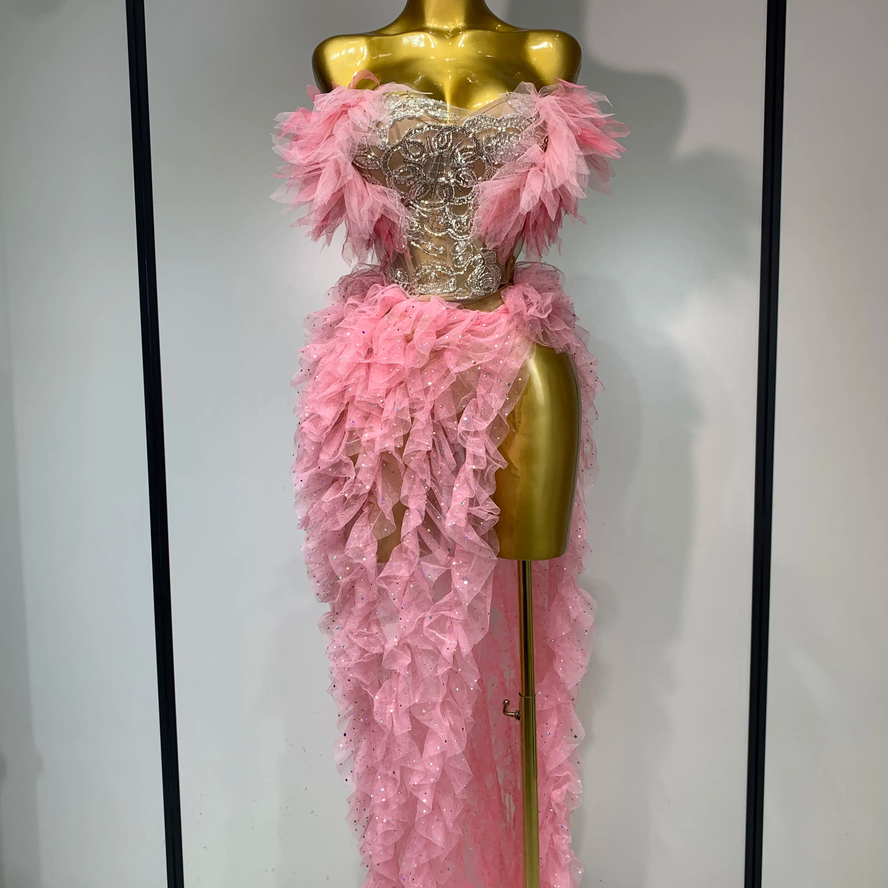 Women Sexy Strapless Mesh two Pieces Set Bodycon Long Dress High Split Nightclub Party Luxury Birthday  Singer Stage Outfit