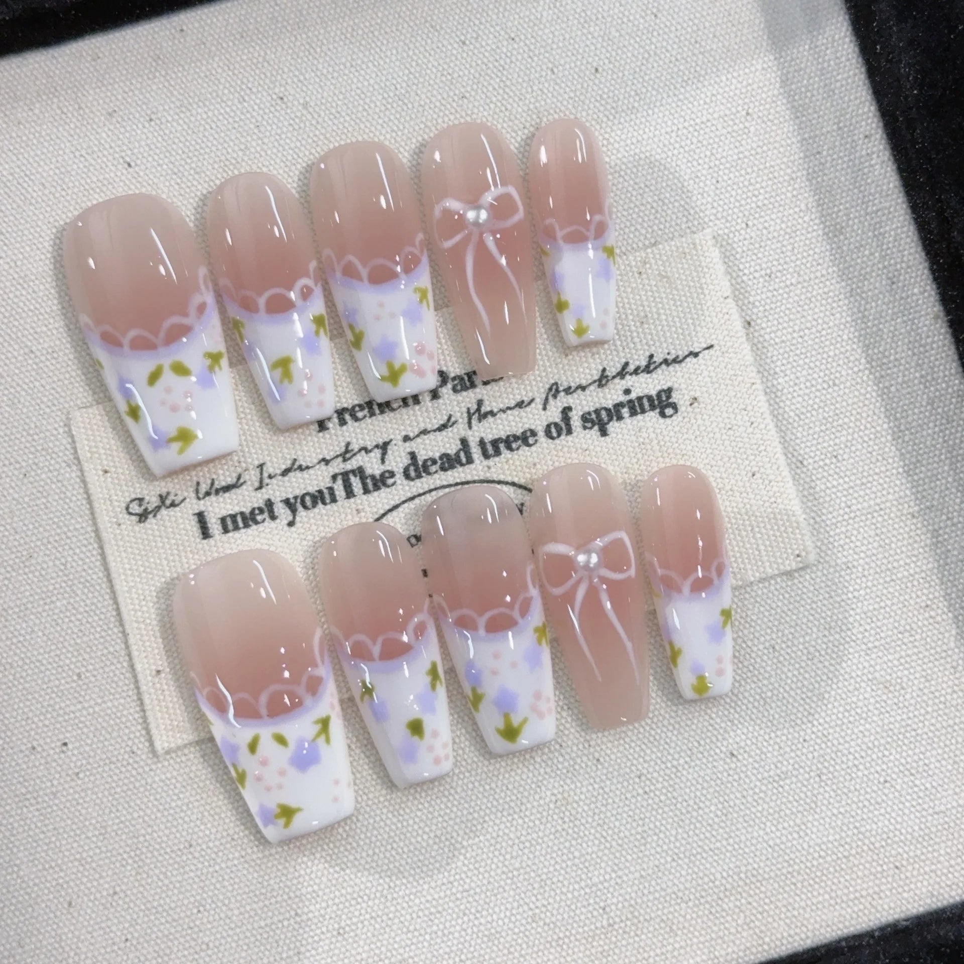 10Pcs Medium Coffin Handmade Press on Nails Green French Gradient Florals 3D Designs Stick on False Nails Wearable Manicure Tips