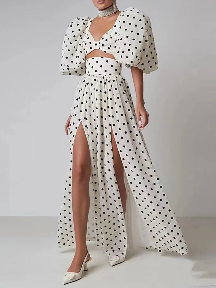 TWOTWINSTYLE elegant Polka dot two piece sets square collar puff sleeve tops high waist split skirt chic set female fashion 2023