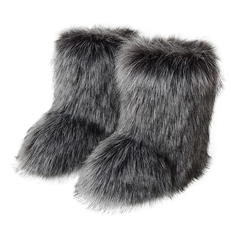 Winter Women Fluffy Faux Fox Fur Boots Woman Plush Warm Snow Boots Luxury Footwear Girls Furry Fur Bottes Fashion Winter Shoe silver fox