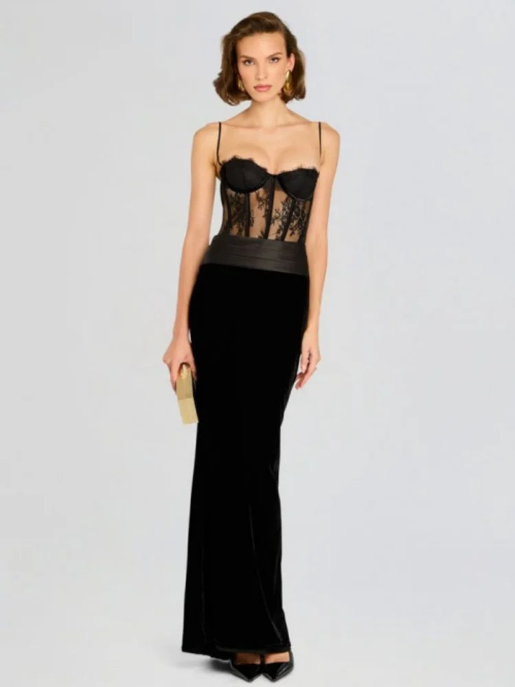 Black Color Women Sleeveless Sexy Strap Lace Bodycon Long Dress Valentine's Day Celebrate Birthday Vacation Outfit Vestido