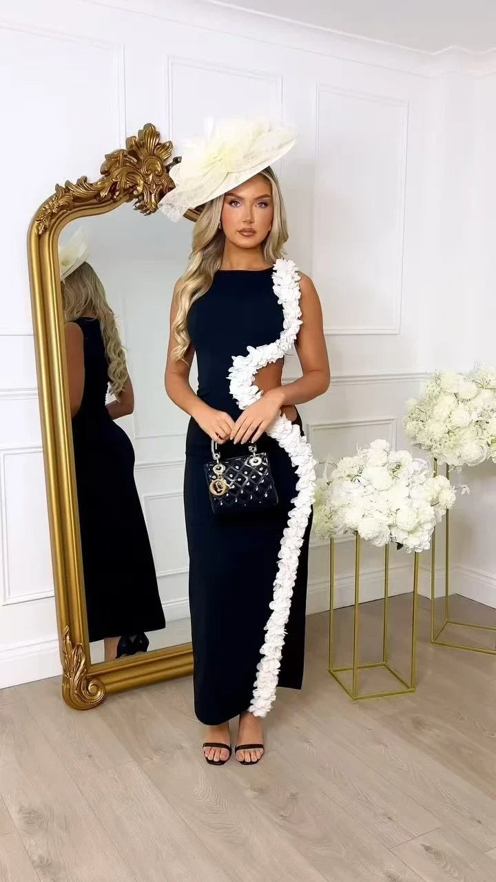 Women Sleeveless Sexy Side Hollow Out Florals Bodycon Long Bandage Dress Celebrate Fashion Evening Party Cocktail Wear