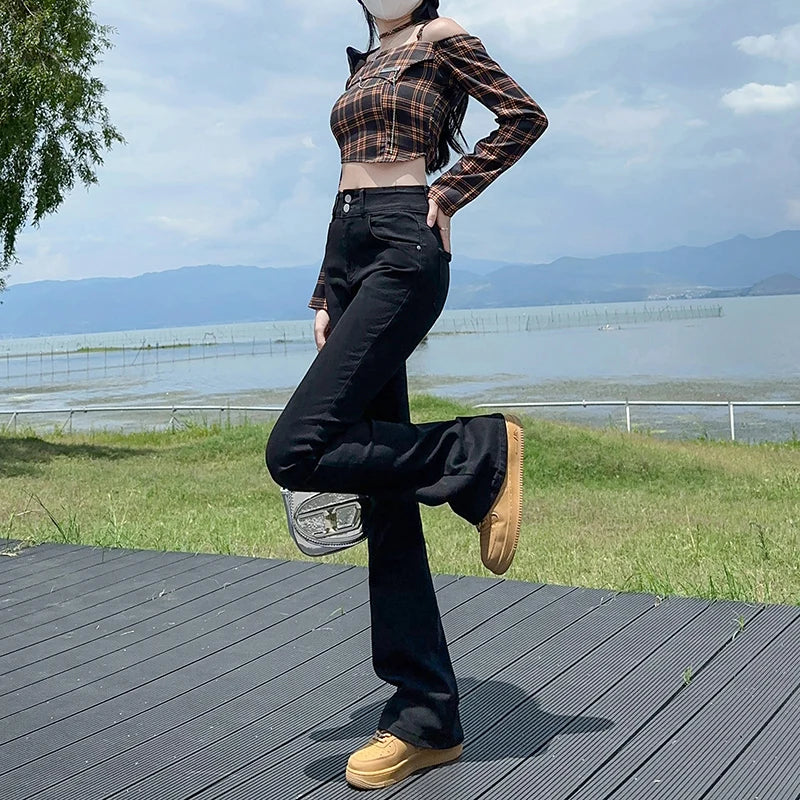 High Stretch Denim Jeans For Women's Slim Fit Wide Leg Design Sexy Long Female Boot Cut Pants