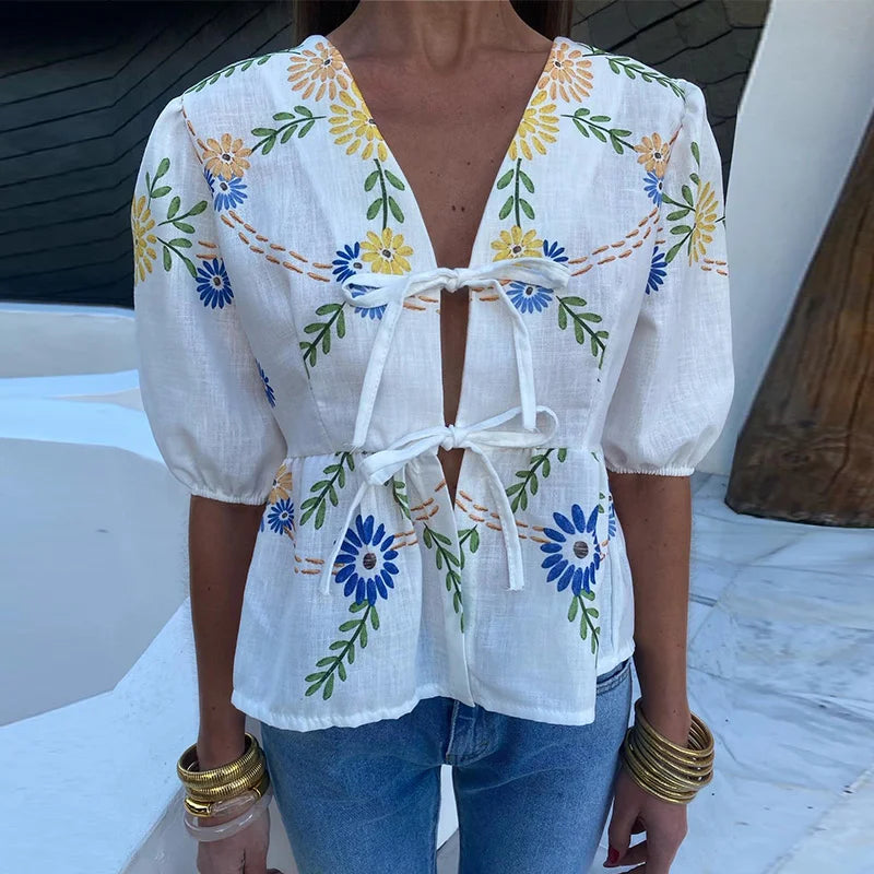 Red Plaid O-neck Lace Up Women Shirts And Blouses Puff Sleeve Hollow Out Women's Shirt Summer Casual Ruffles Female Tops Print A