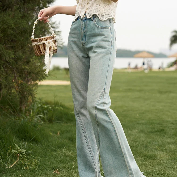 Flare Jeans for Women Retro Denim Blue Fashion Basic Straight High Waist Pockets Woman Full Length Pants MXC38K0108 Vintage Blue