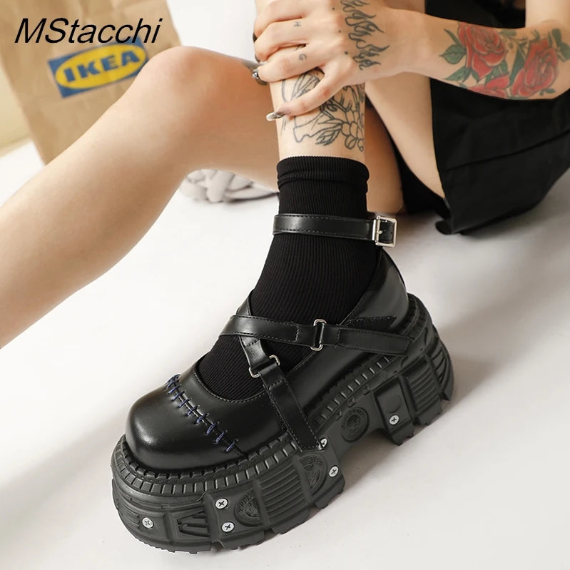 Punk Style Flat Platform Shoes Rivet Buckle Strap Mary Janes Cross Belt Black Leather Thick Bottom Shoes Women Sandals Summer