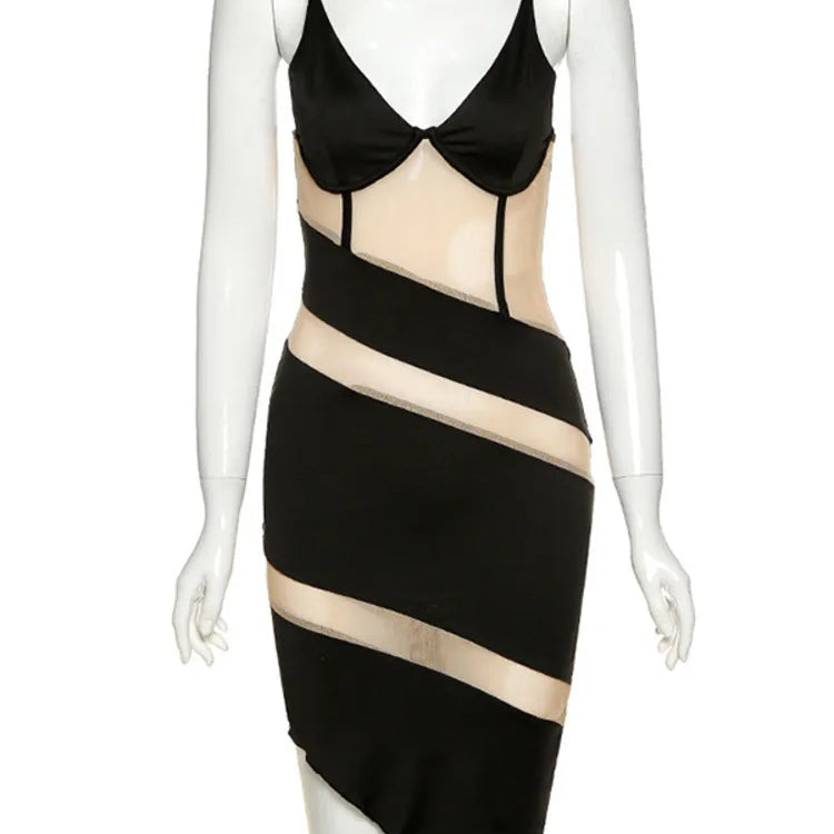 Vestido curto sexy transparente com patchwork para mulheres, robe com alças finas, sem mangas, costas nuas, justo, vestido de festa