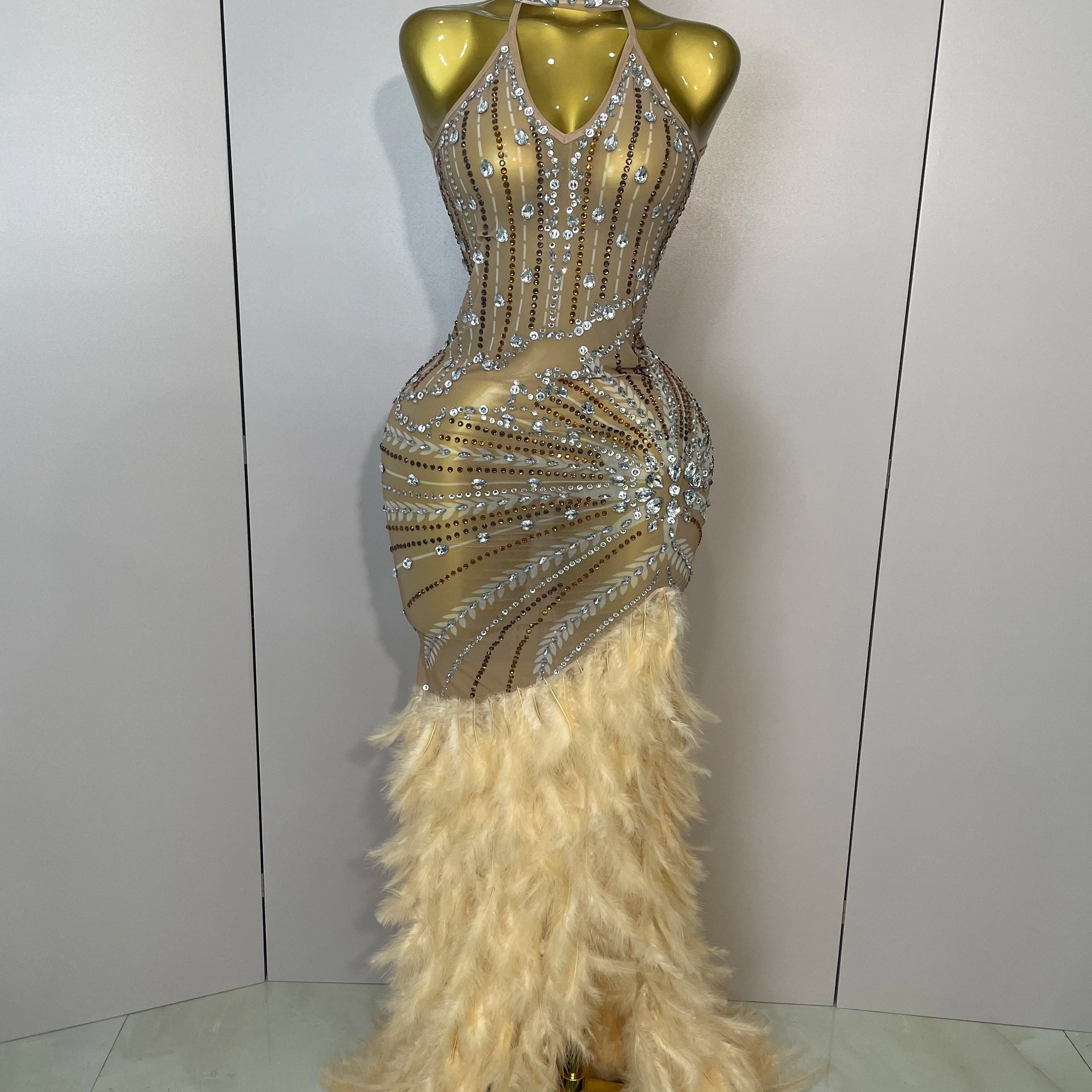 Sparkly Sexy Crystal  Floor-Length Feathers Maxi Dress 2025 Elegant  Evening Party Birthday Performance Prom Dance Stage Costume