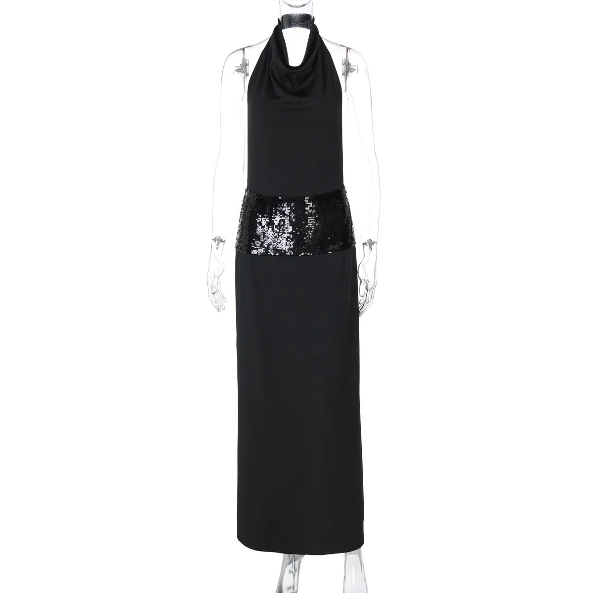 Vestido longo sexy preto com alças finas e costas nuas para mulheres, elegante, com glitter, cintura alta, gola redonda, sem mangas, elegante