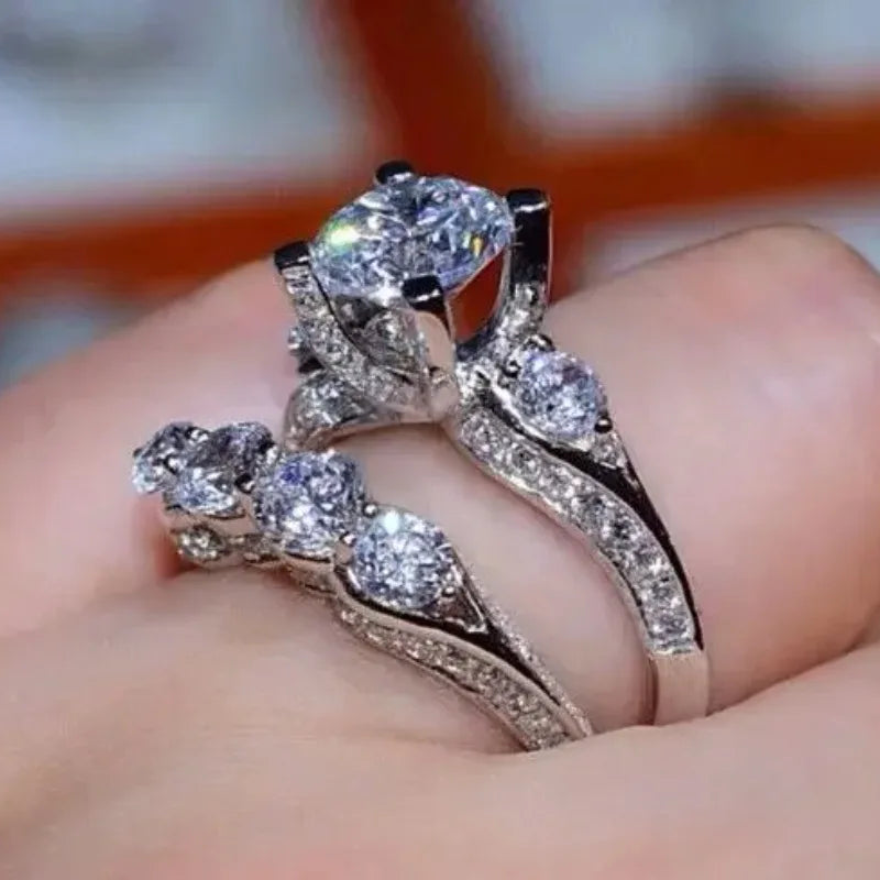 Sparkling Silver Color Cubic Zirconia Wedding Rings Set for Women Elegant Couples Engagement Ring Banquet Party Jewelry N982-1