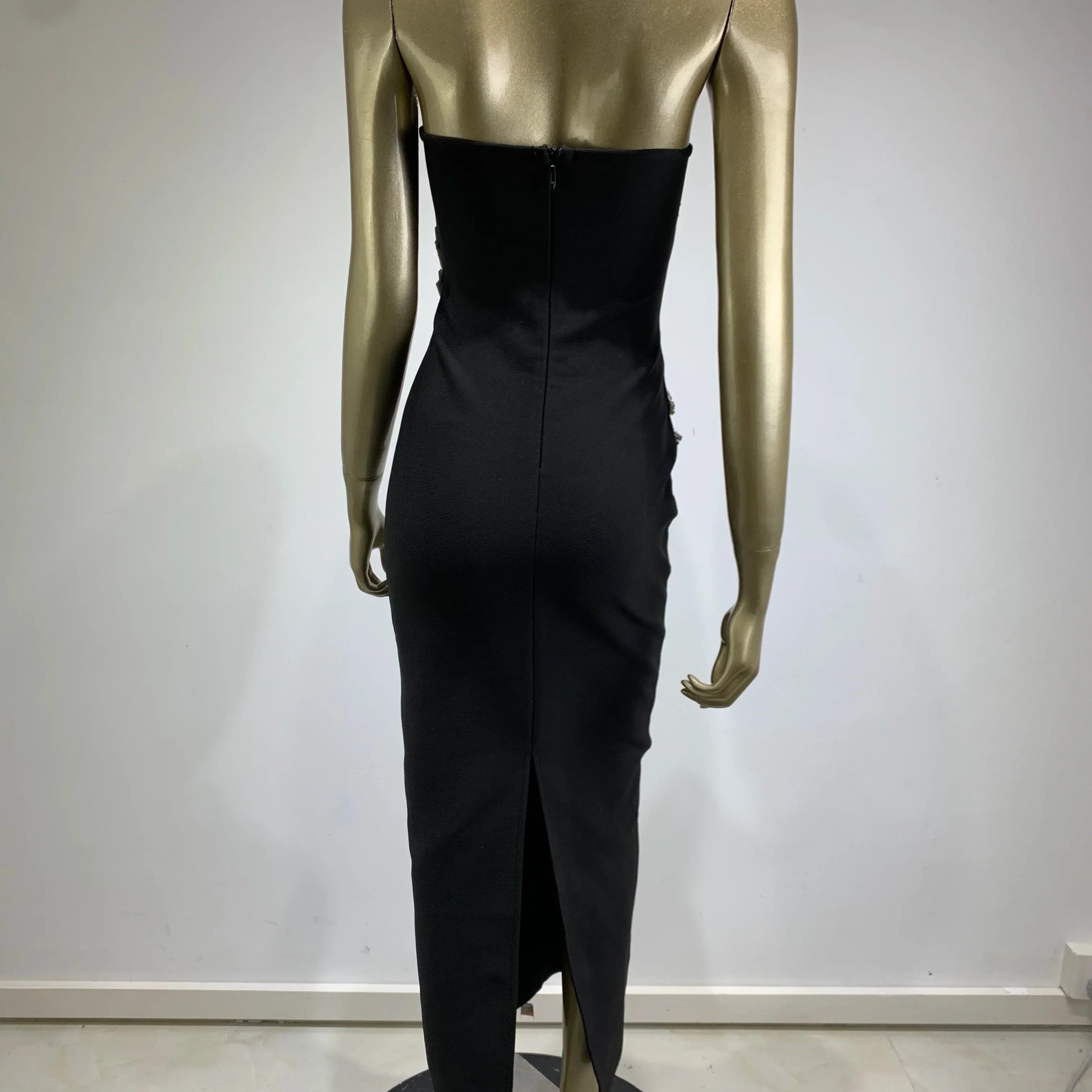 Vestido longo preto longo, sem alças, colado ao corpo, elegante, para festa noturna, celebridades, sexy, sem costas, diamantes