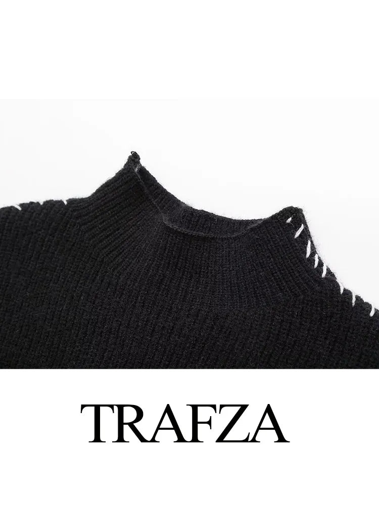 TRAFZA Women Fashion Black Spliced Cable Stitch Turtleneck Oversize Pullover Female Casual Long Sleeve Loose Sweater Vintage Top