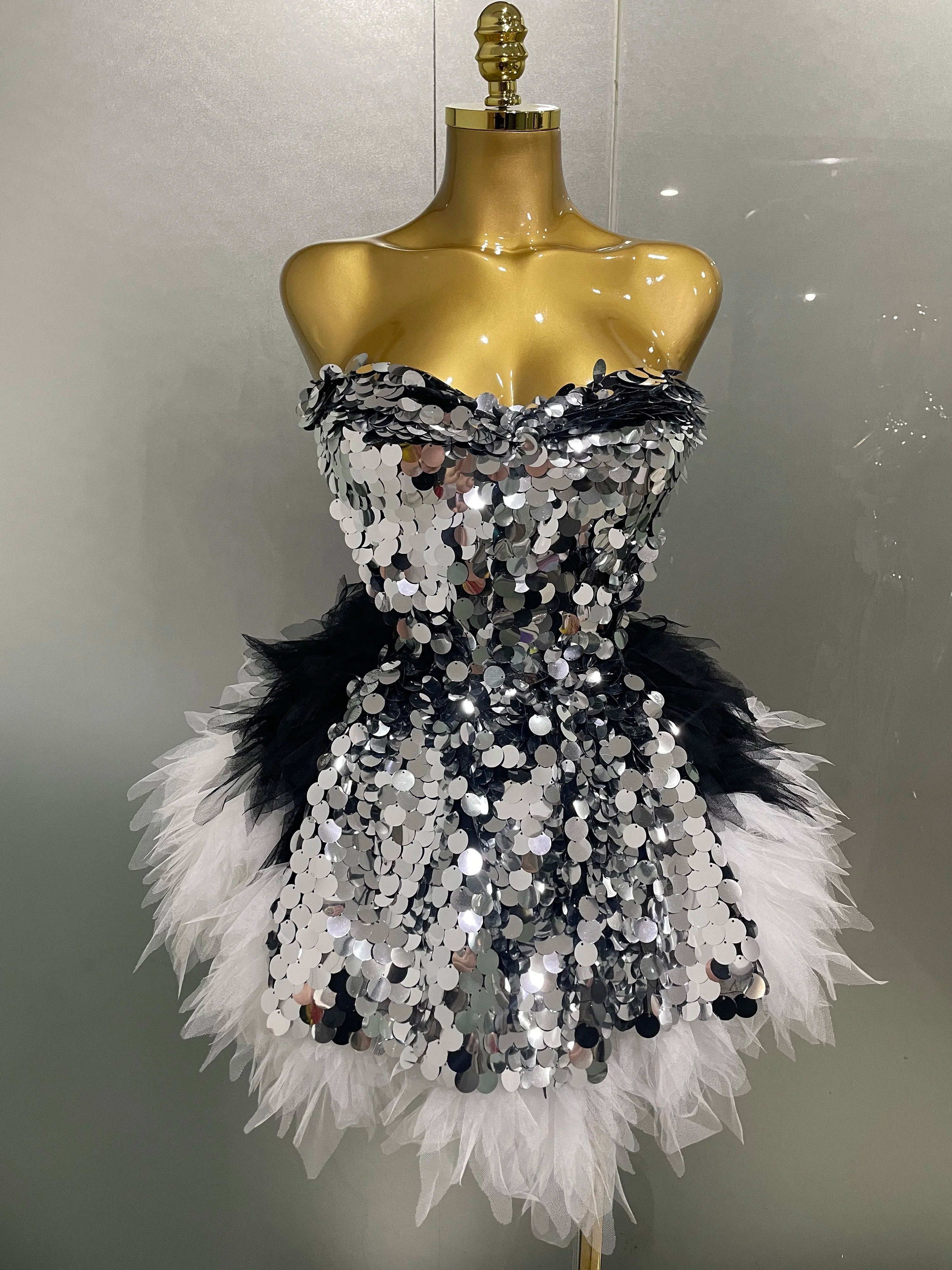 Sparkly Black Sequins Two Pieces Set 2025 Women Party Evening Prom Celebrate Birthday Dress Nightclub Photo Shoot Stage Costume