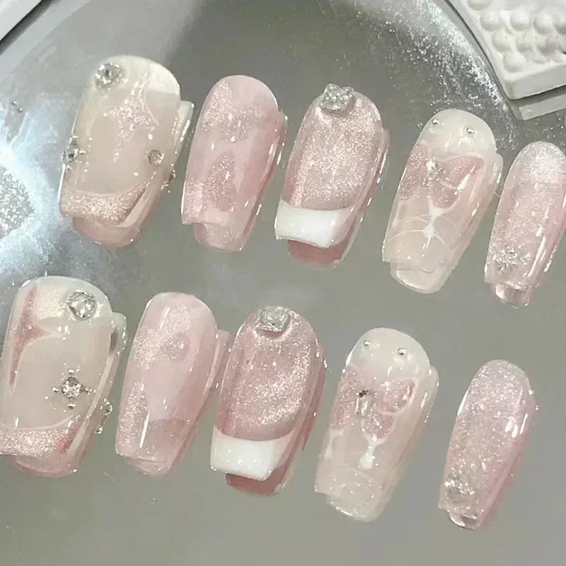 24 peças de unhas postiças de rosas vermelhas, flores longas, balé, design de unhas postiças francesas, cobertura total, pontas de unhas postiças vestíveis, arte