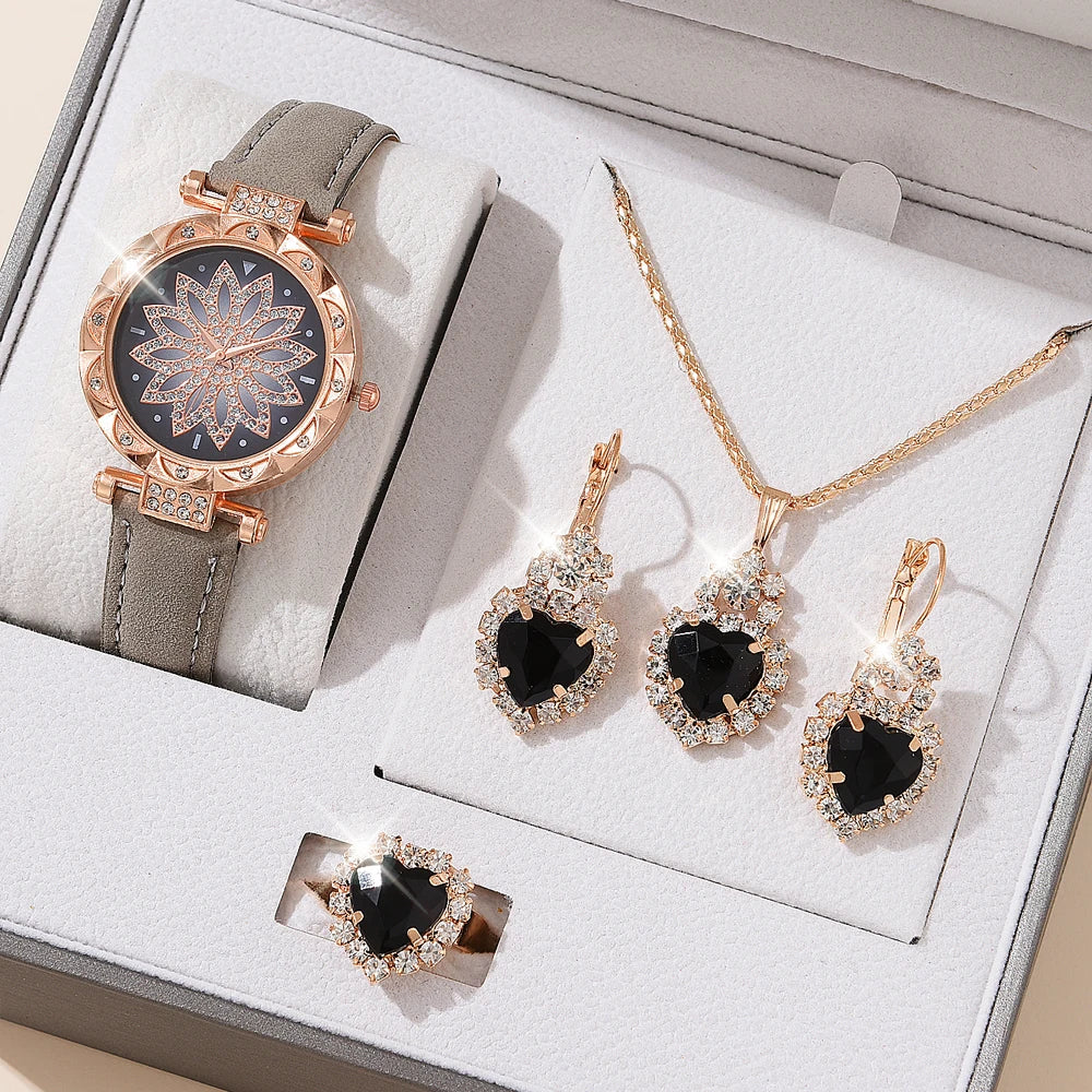 5pcs Set Watches Women Leather Band Ladies Watch Simple Casual Women's Analog WristWatch Bracelet Gift Montre Femme 5pcs set gray A