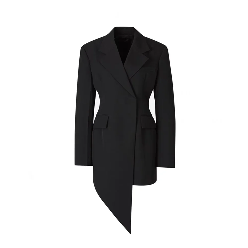 Solid Minimalist Blazer For Women Notched Collar Long Sleeve Patchwork Pockets Irregular Coat Female Fashion Style