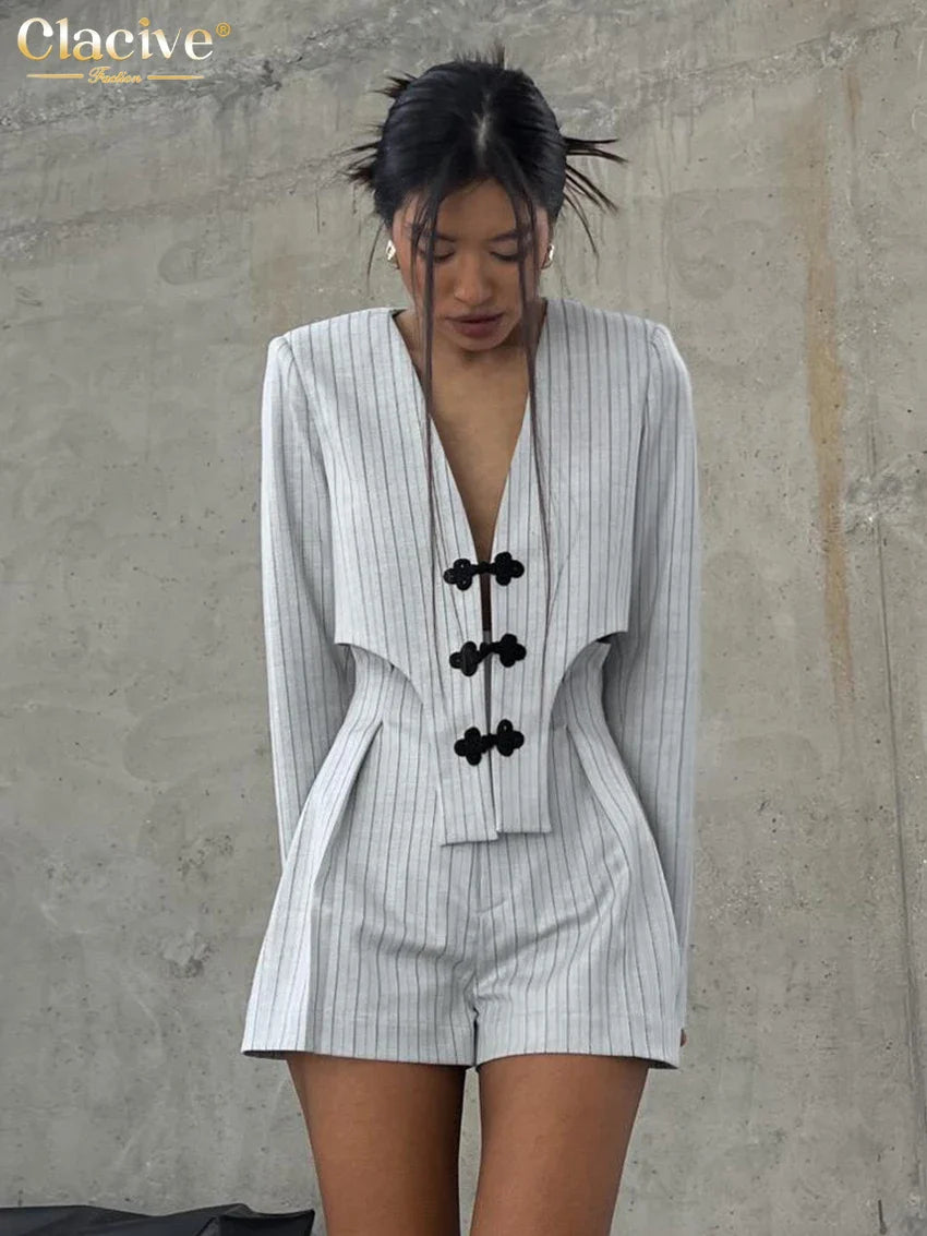 Clacive Fashion Stripe Print 2 Piece Sets Women Elegant Slim Long Sleeve Irregular Top With High Waist Shorts Set Streetwear Light Gray CN