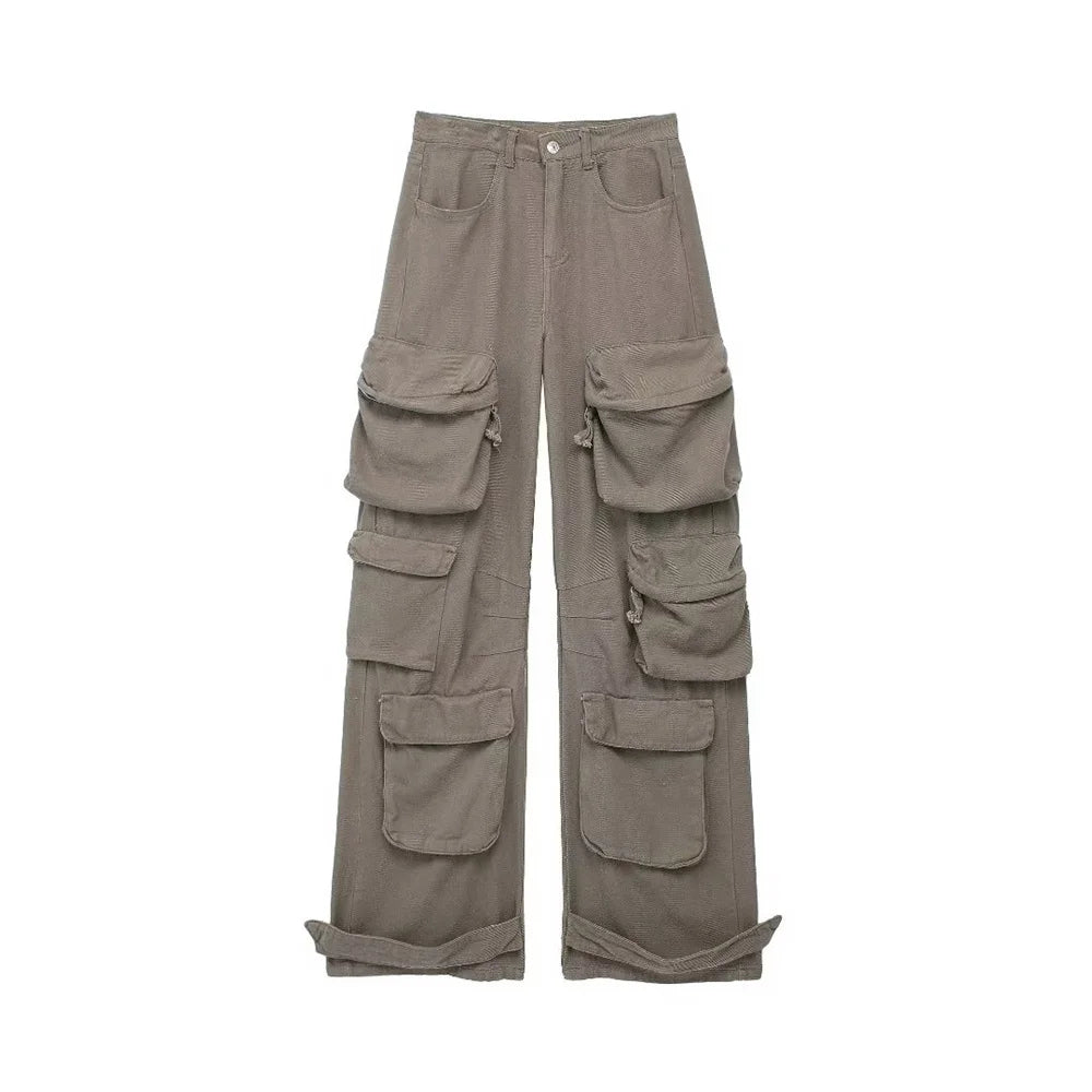 Women's Vintage High Waist Jeans with Multi Pocket Decoration, Versatile Casual Denim Pants, Winter Khaki