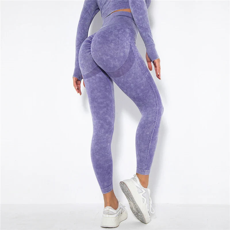 Women Seamless Yoga Set Fitness Sports Suits Gym Clothing Long Sleeve Crop Top Shirts High Waist Running Leggings Workout Pants Purple 1pc