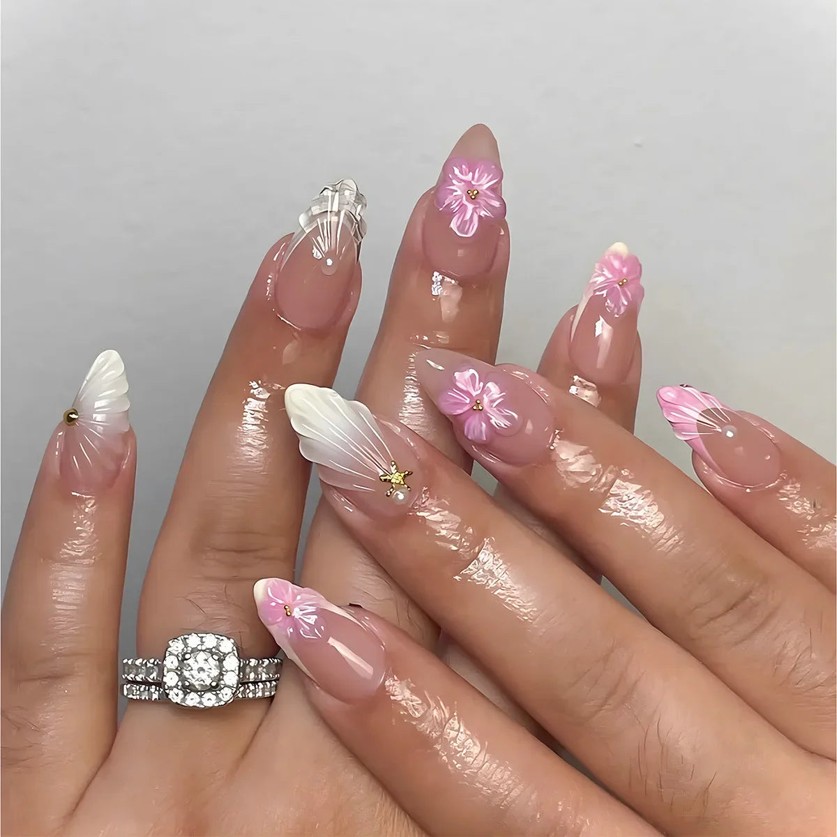 24Pcs Short Almond Fake Nails with Pink White French 3D Flower Design Press on False Nails Oval Detachable Full Cover Nails Tips