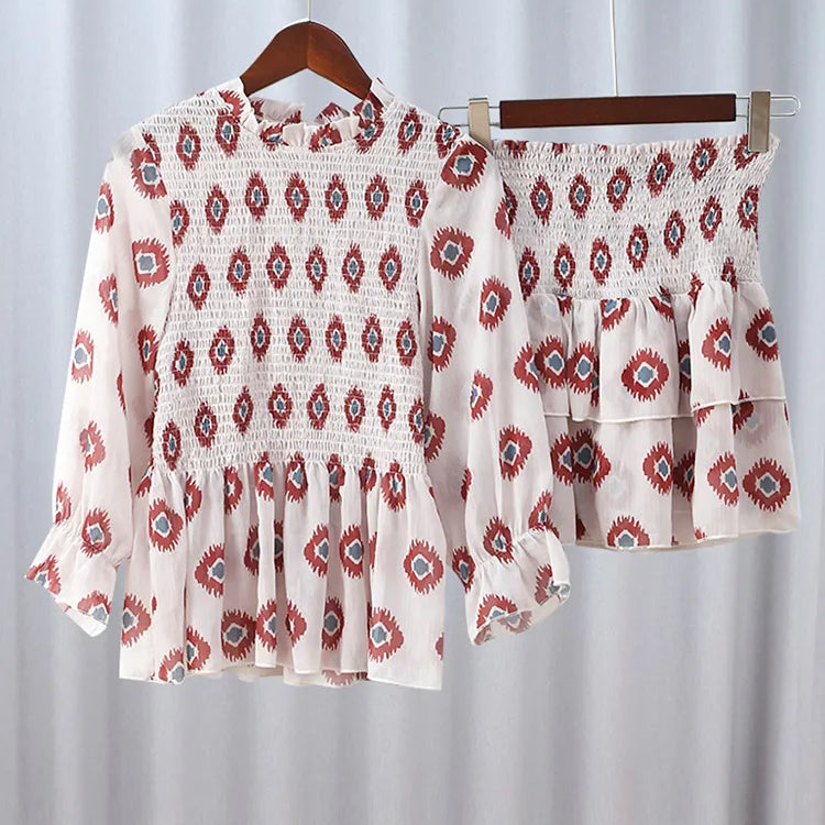 Woman Casual Printed Slim Shirt Short Skirt 2 Piece Set Puff Half Sleeve T-shirt High Waist Pleated Mini Dress Suit Outfit