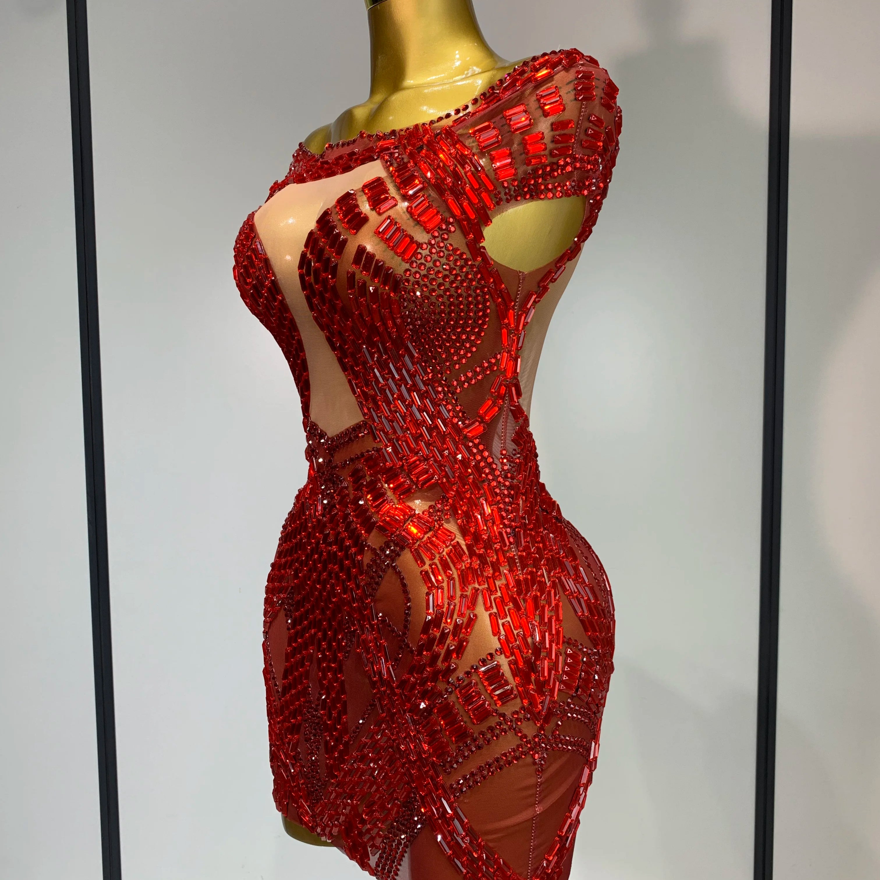Luxury Rhinestones Sexy Mesh See Through Mini Dress Women Celebrate  Birthday Evening Party Dress Stage Performance  Costume