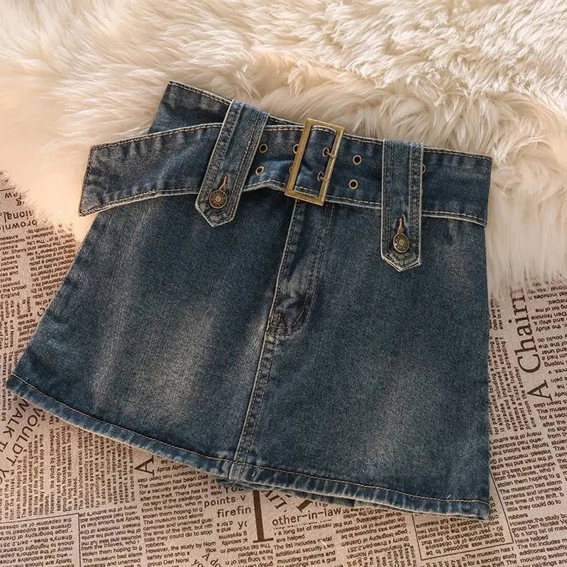Gidyq Vintage Denim Mini Skirts Women Summer Sexy Solid Belt Jeans Skirts Female Casual Ball Gown Korean Slim A Line Skirts