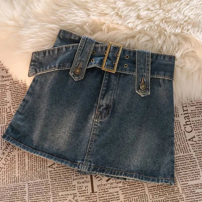 Gidyq Vintage Denim Mini Skirts Women Summer Sexy Solid Belt Jeans Skirts Female Casual Ball Gown Korean Slim A Line Skirts