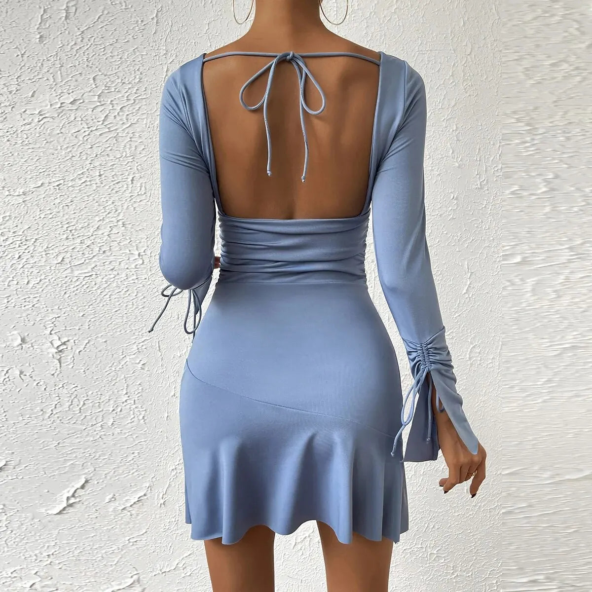 Women Sexy Long Sleeve Mini Dress V Neck Backless Party Outfit Lace Up Drawstring Bodycon Evening Skirt
