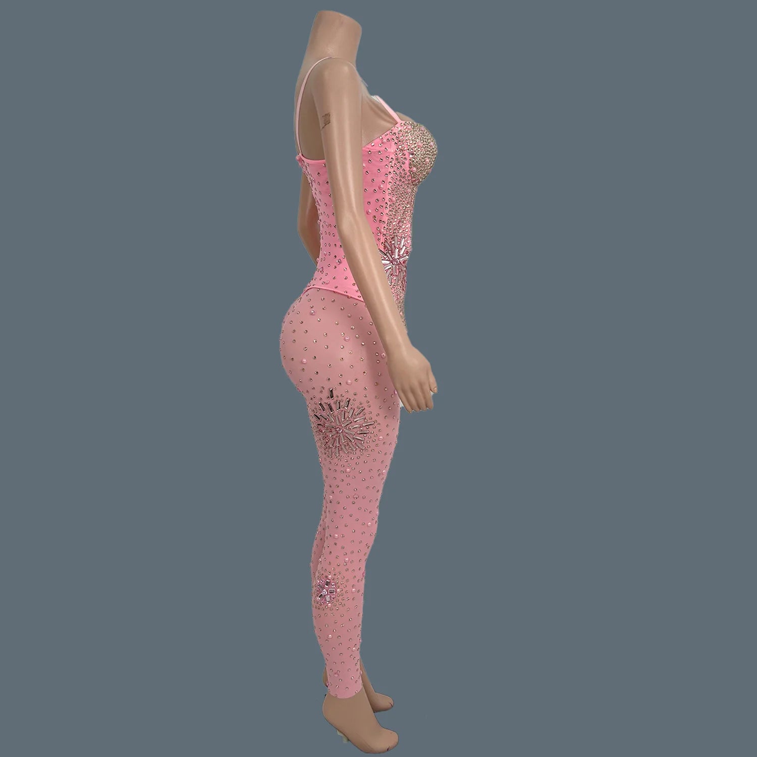 Sparkly Rhinestone Spandex Sleeveless Bodysuit Women Sexy Sheer Mesh Birthday Party Outfit gig Dance Performance Wear Niubujiao