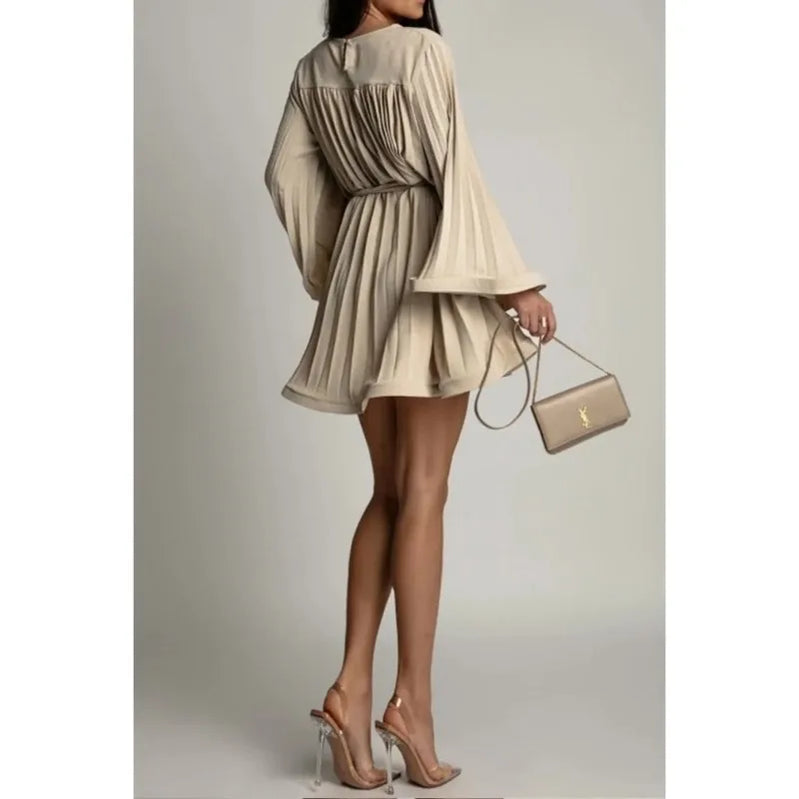 08 New Spring Summer Elegant Pleated Dress Women Fashion Solid Round Neck Flared Sleeve Lace-up Pleated Mini Dress Women