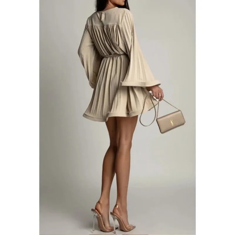 08 New Spring Summer Elegant Pleated Dress Women Fashion Solid Round Neck Flared Sleeve Lace-up Pleated Mini Dress Women
