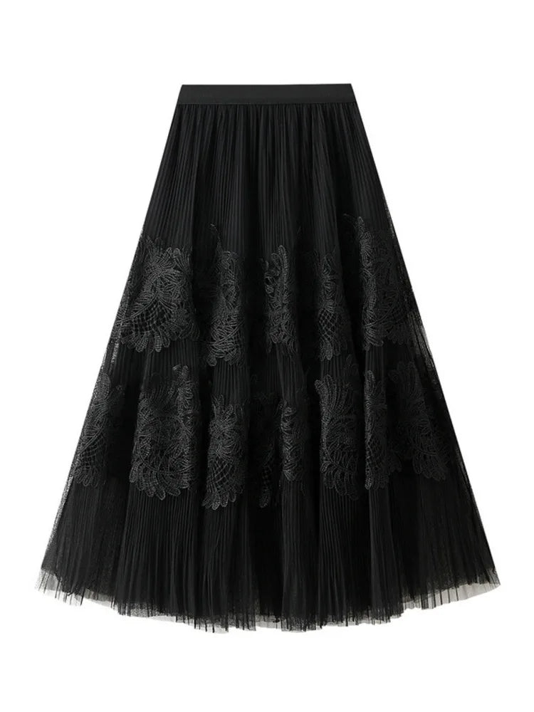 UCXQ New Products Sweet Cake Spliced Skirt Lace Pleated Mesh Large Hem A-line Skirts For Women New Spring Autumn 23A7001
