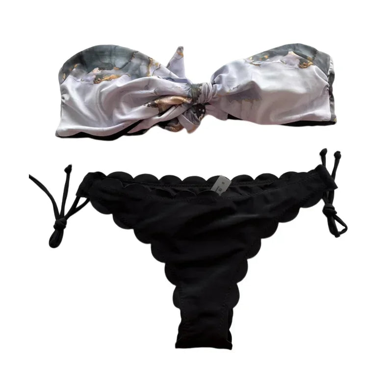 Beach Bikini Woman Sexy Front Lace Up Tie Strapless Leopard Swimsuit Female Push Up Ruffled Bow Bathing Suit Thong Swimwear