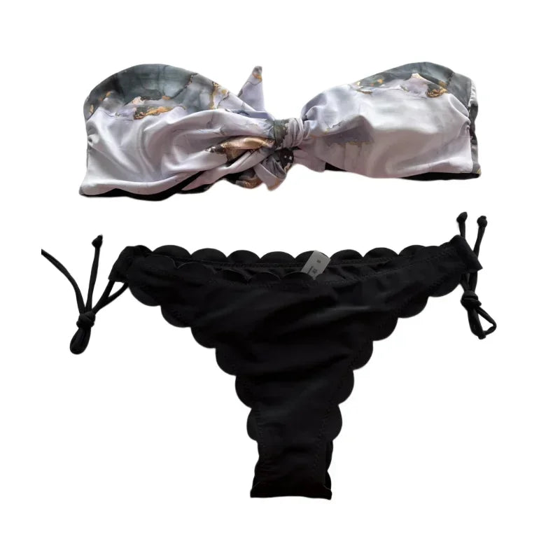 Beach Bikini Woman Sexy Front Lace Up Tie Strapless Leopard Swimsuit Female Push Up Ruffled Bow Bathing Suit Thong Swimwear