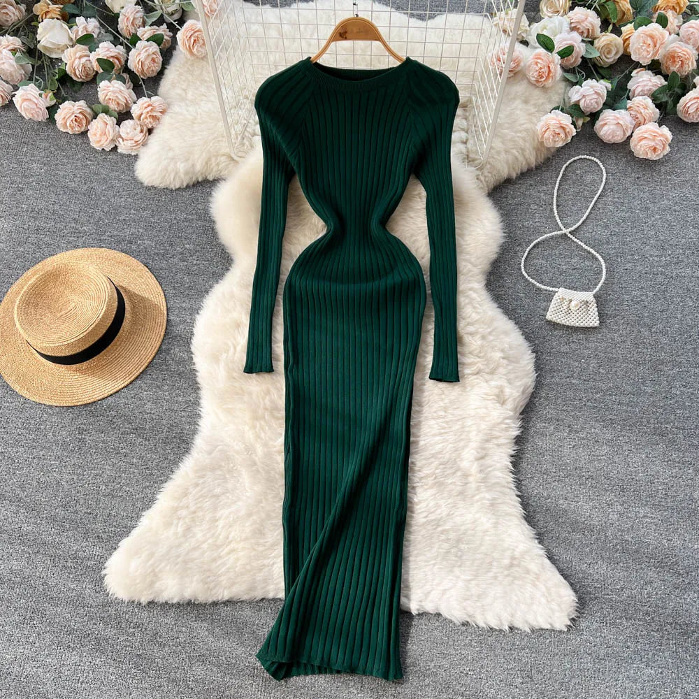 Winter Women Knit Maxi Dress O Neck Autumn Long Sleeve Slim Solid Harajuku Ladies Fashion Pencil Sweater Long Dresses green One Size
