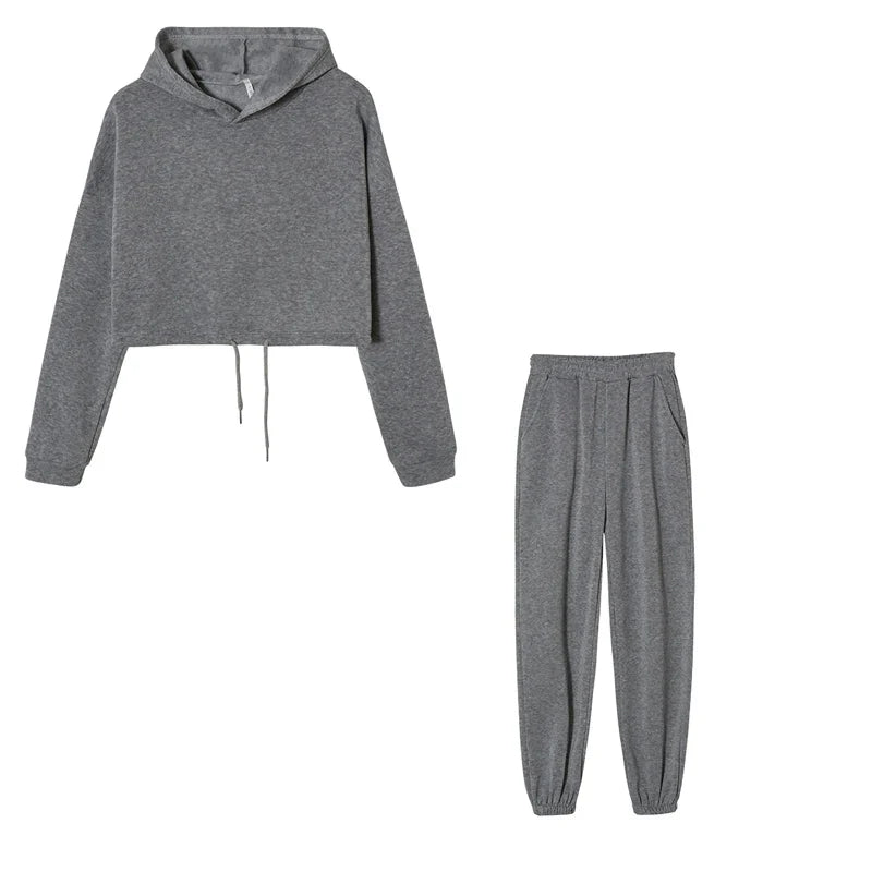 Fashion Trend Women's Wear, Long-sleeved Sports Casual Suit Waist Two-piece Set GRAY