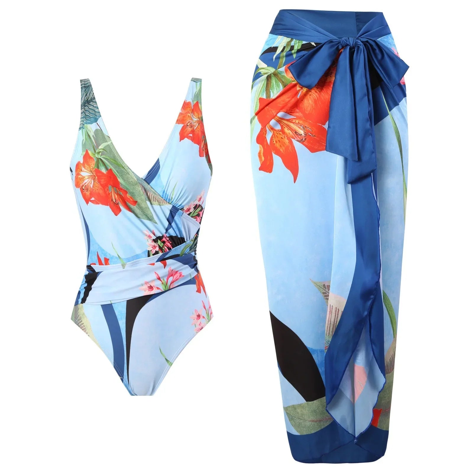Elegant Blue Leaf Printed One Piece Swimsuit Woman Fashion High Waisted Hanging Neck Swimwear French Covered Belly Bikini C-Suit
